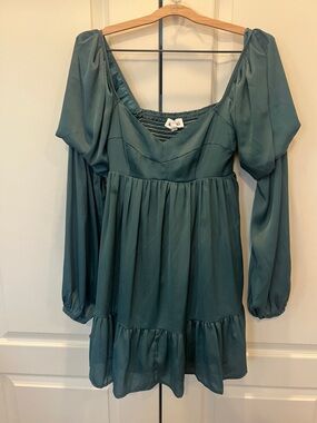 Tea-Length Puff Sleeve Midi Dress in Teal